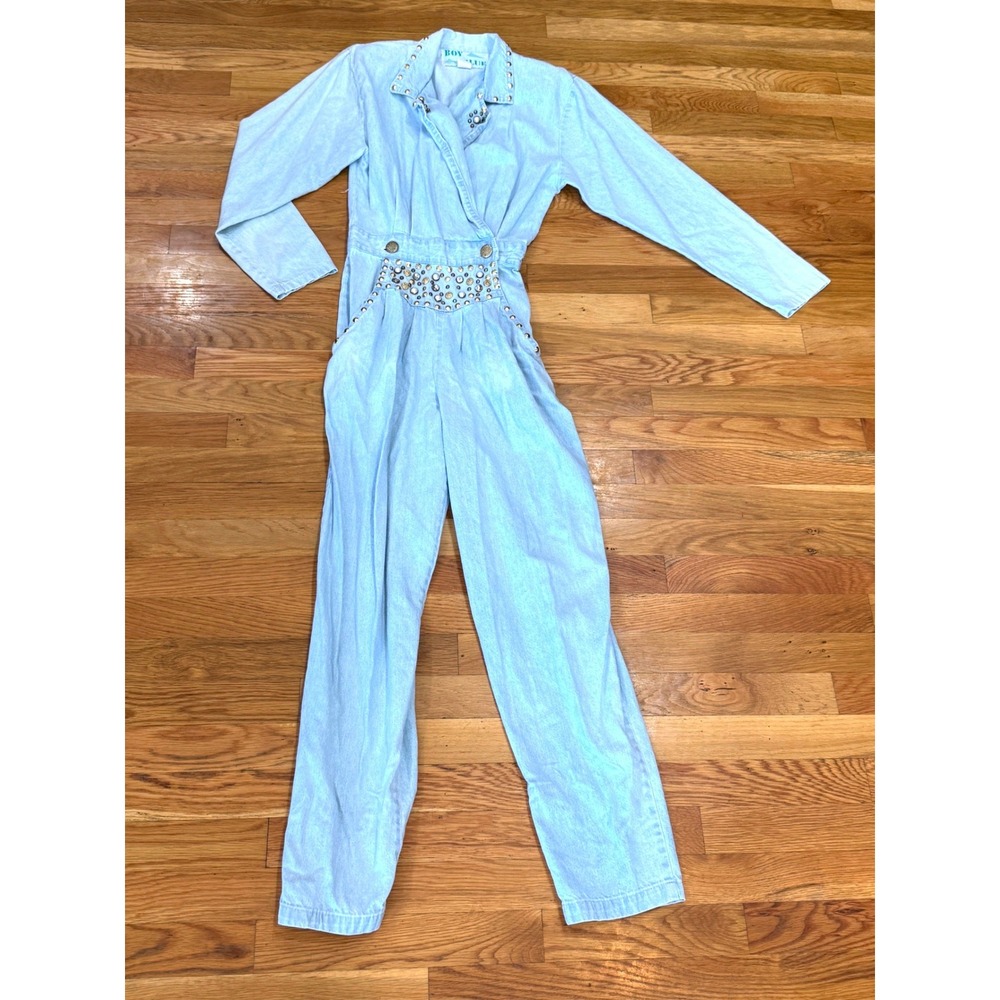 Vintage Boy Blue Denim Jumpsuit Light Wash Studded Pearl Embellished 80s USA L